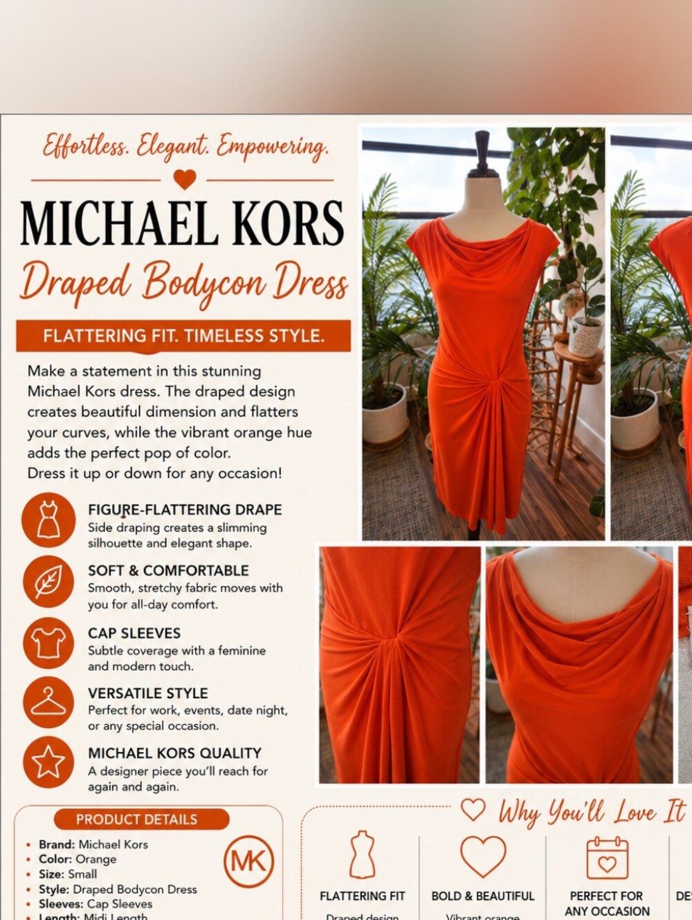 Michael Kors Orange Draped Bodycon Dress Size S.